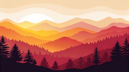 Layered mountain landscape at sunset with pine forest in foreground, evoking tranquility and nature's beauty