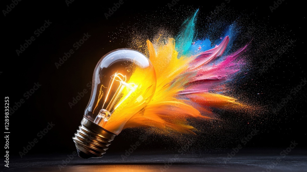 Poster exploding light bulb with a vibrant color splash symbolizing the dynamic and creative power of innov