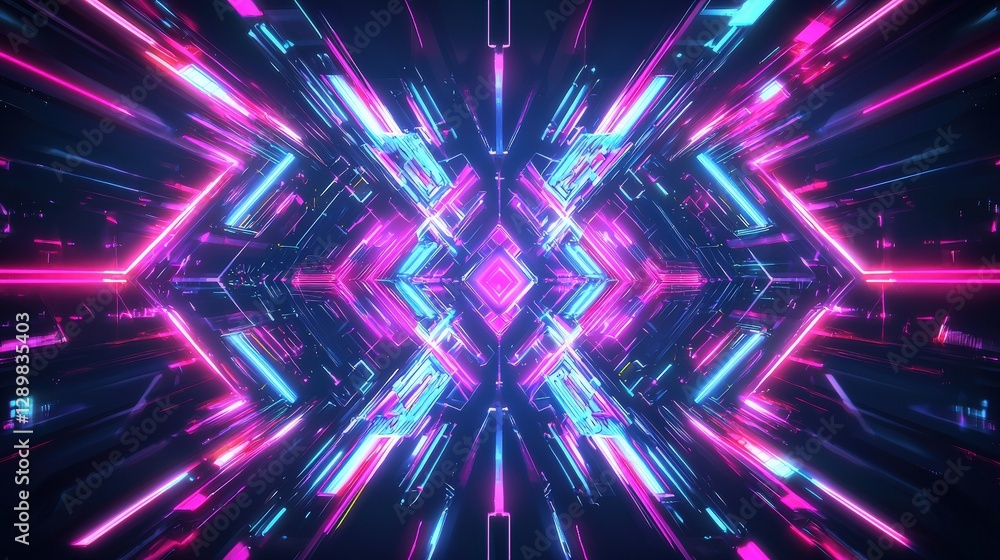 Poster vibrant abstract background with neon lights and patterns.