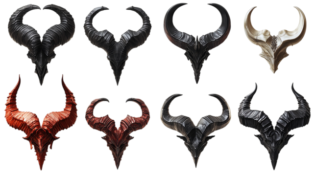 Set of devil and demon horns in various designs, twisted and curved shapes, fantasy costume accessory, isolated on transparent background 
