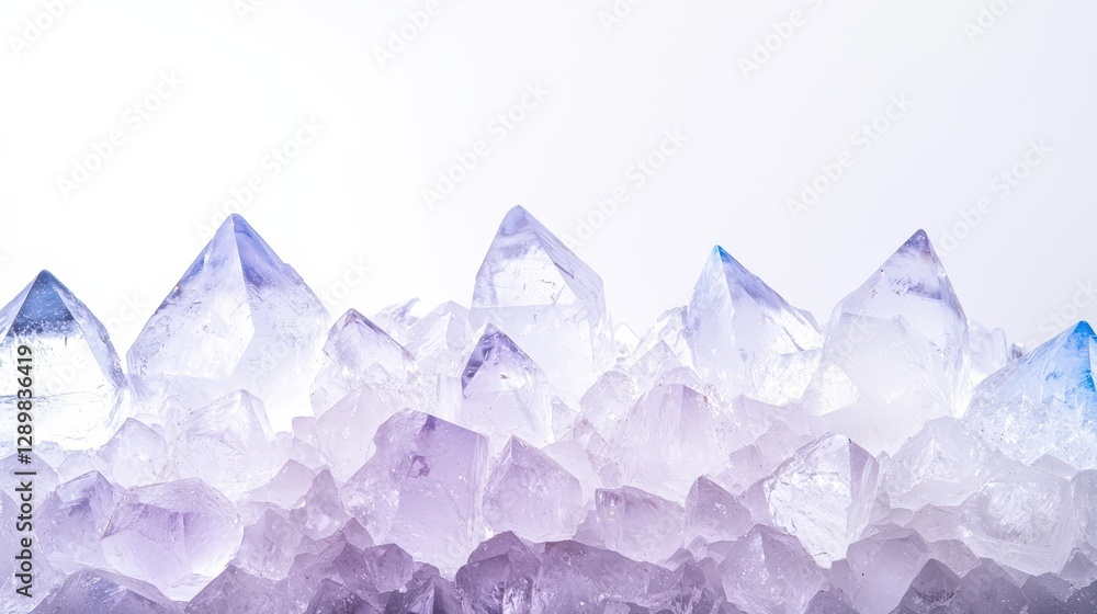 Poster a beautiful array of shimmering purple crystals, showcasing sharp peaks and a delicate, translucent 