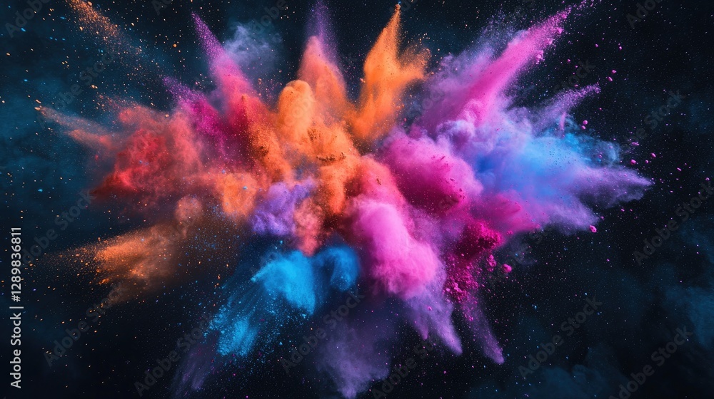 Poster a dramatic explosion of colored powder in the air, contrasted against a dark backdrop, creating a st