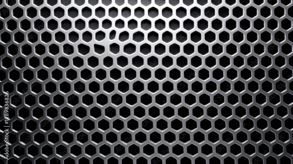 Poster a close-up of a black honeycomb-patterned surface, showcasing a textured, industrial design with eve