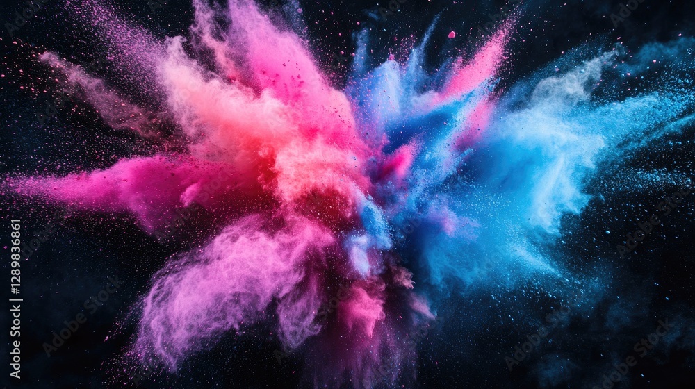 Poster a dramatic explosion of colored powder in the air, contrasted against a dark backdrop, creating a st