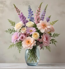Fototapeta premium Pastel watercolor flower arrangement in a vase , pastel flowers, fresh cut flowers