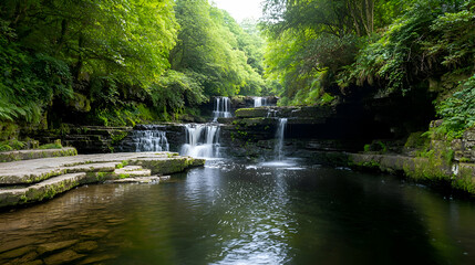 Naklejka premium Serene Waterfall in Lush Forest Setting
