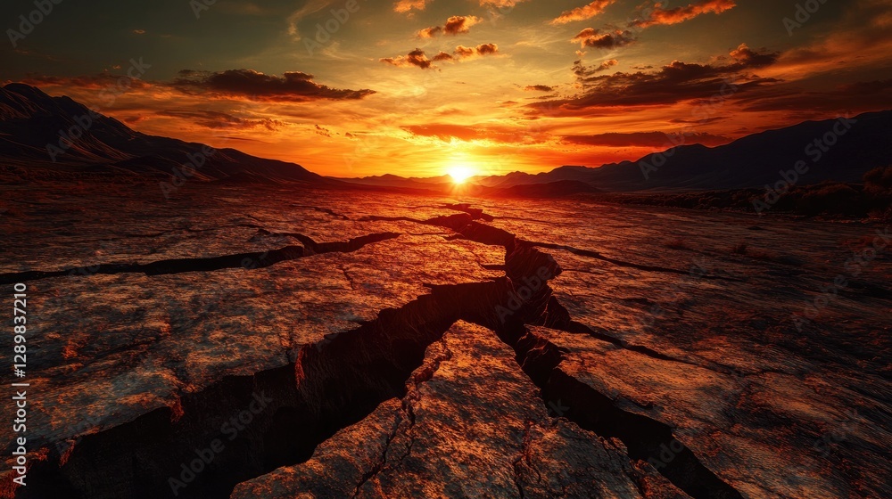 Poster a dramatic scene of the ground splitting open during an earthquake, with deep fissures revealing the