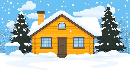 A flat design isolated vector illustration of a cozy wooden cabin surrounded by snow-covered pine trees in a serene winter nature scene.