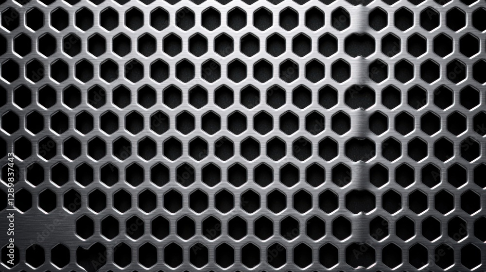 Poster a close-up of a black, hexagonal mesh pattern showcasing metallic texture and a modern design.