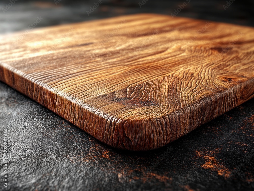 Poster Hyper-realistic wooden cutting board with intricate grain patterns on dark slate background in soft natural light