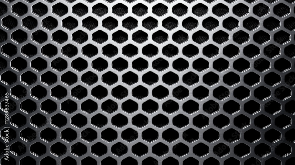 Poster a close-up view of a textured honeycomb pattern on a metallic surface, showcasing intricate geometri
