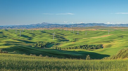 Obraz premium Wind turbines on rolling hills, green landscape, rural scenery, sunny day