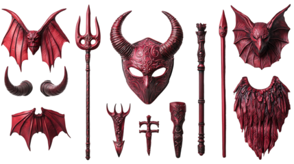 Set of devil-themed costume accessories including masquerade mask, wings, trident, tail, and horns in red and maroon shades, isolated on transparent background 