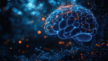 Fototapeta premium Neon Blue Brain Connections Illustration with Abstract Geometry and Bokeh Effects for Neuroscience and Cognitive Concepts