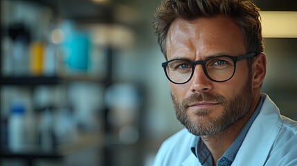 Fototapeta premium Focused male scientist in lab coat embodies dedication to scientific discovery.