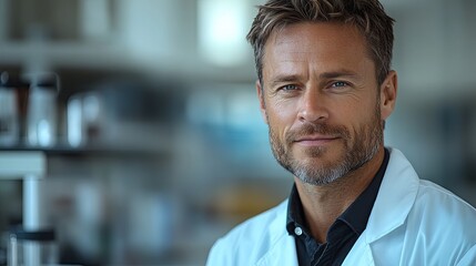 Obraz premium Focused male scientist in lab coat embodies dedication to scientific discovery.