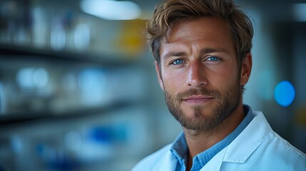 Fototapeta premium Focused male scientist in lab coat embodies dedication to scientific discovery.