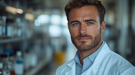 Obraz premium Focused male scientist in lab coat embodies dedication to scientific discovery.