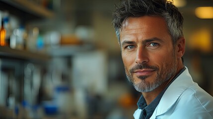 Obraz premium Focused male scientist in lab coat embodies dedication to scientific discovery.