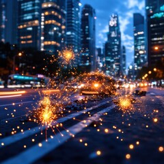 Obraz premium Blurred cityscape at night with a vibrant and glowing fireworks display over the illuminated skyscrapers and buildings of a modern financial district downtown The scene is full of dynamic energy