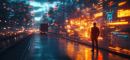 Businessman Analyzing Data Visualizations for Global Transportation and Logistics Growth with Trucks in Motion