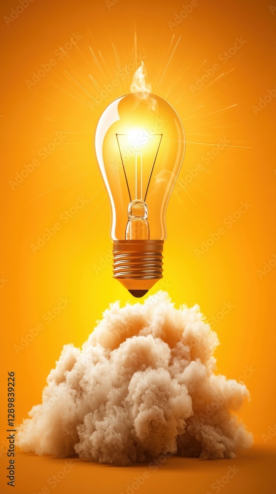 Poster glowing light bulb emerging from a cloud of smoke symbolizing the concept of the power of ideas to i