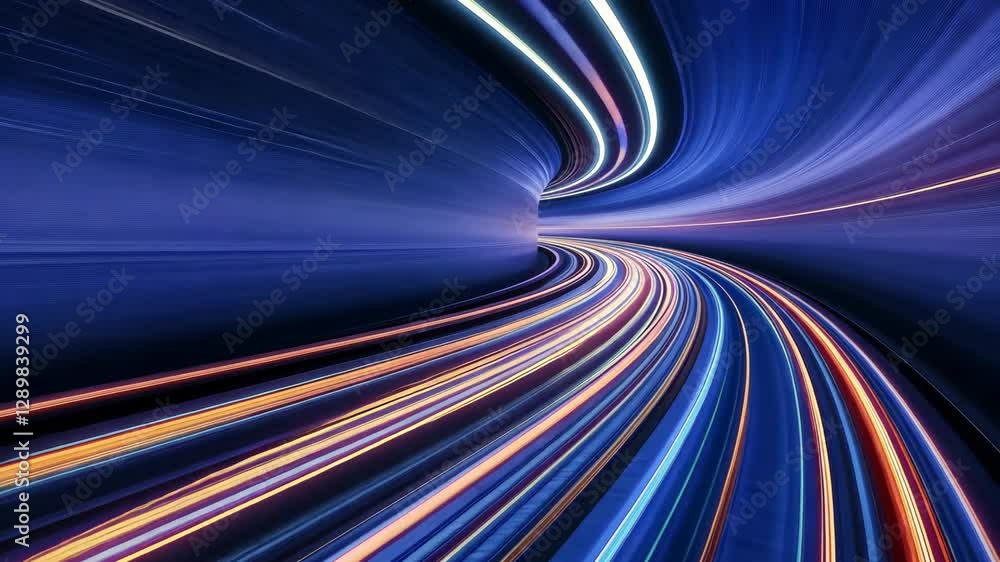 Poster dynamic abstract vdo of colorful light trails creating tunnel effect, suggesting speed and motion wi