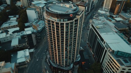 Aerial View of Modern Cityscape Featuring Urban Tower Surrounded by Busy Streets and Commercial Buildings