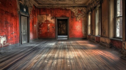 A forgotten room with wooden floorboards and exposed brick walls, dim lighting illuminating mouldy walls and giving an abandoned mansion a haunted, decaying vibe.