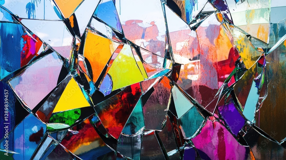Poster a fractured mirror reveals fragmented reflections, with vibrant colors bleeding through the cracks, 