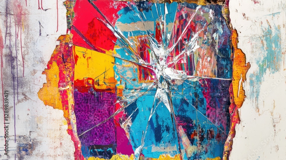 Poster a fractured mirror reveals fragmented reflections, with vibrant colors bleeding through the cracks, 