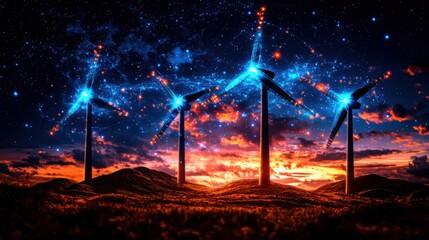 Dramatic sunset sky with vibrant orange and blue hues illuminating a scenic countryside landscape featuring silhouetted wind turbines