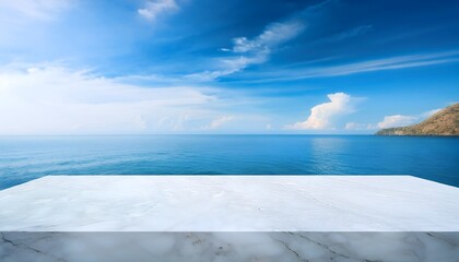 Gentle white marble podium with ocean sky background for displaying products