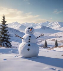 Fototapeta premium Snowman standing alone in a vast winter landscape with rolling hills and mountains in the background, winter hillside, solitary snowman