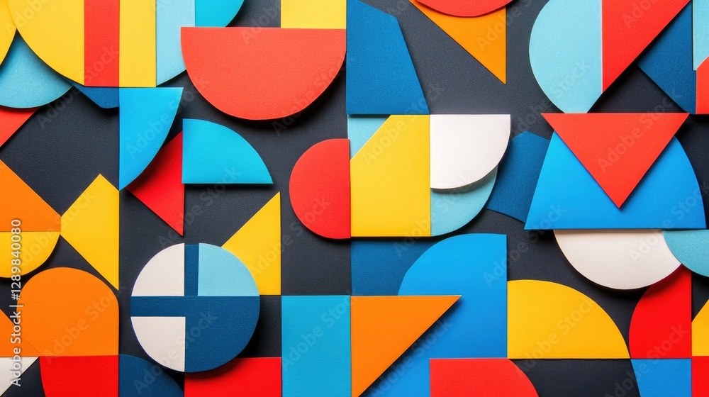 Poster a geometric pattern made of colorful paper cutouts, arranged in a creative and visually engaging way