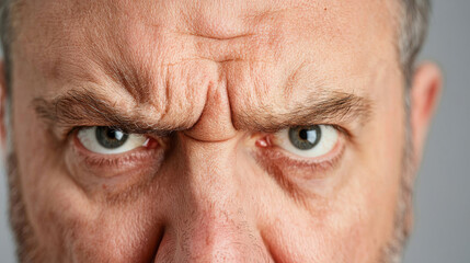 Intense close up of angry face with furrowed brows and piercing eyes, expressing strong emotions
