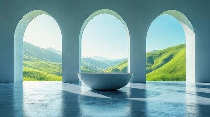 Surreal Minimalist Interior Scene with Round Bowl and Hills View
