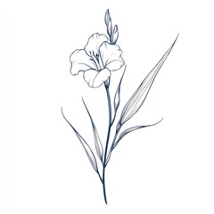 Elegant blue line art floral illustration of a single flower with leaves.