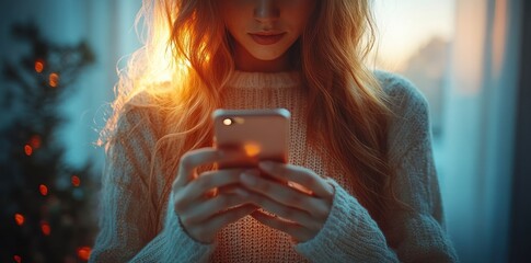 Woman using smartphone at home for studying and communication in a modern room with natural light