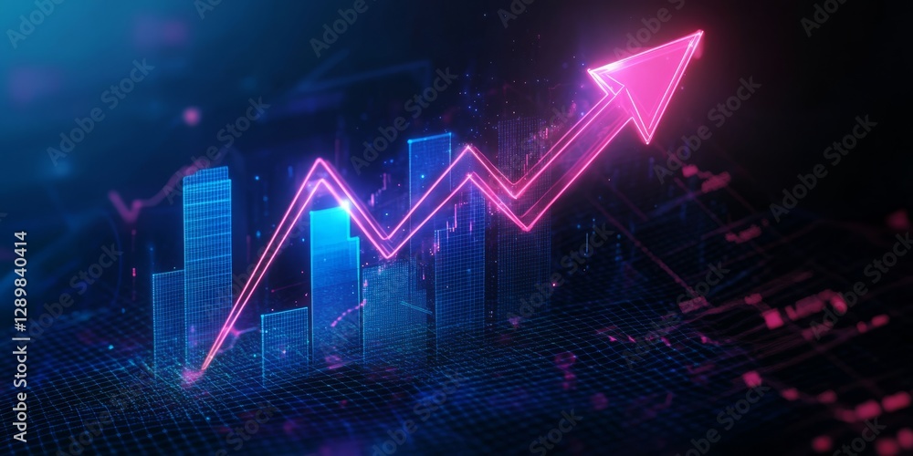 Poster a stunning double exposure image features a glowing graph and an upward arrow, symbolizing growth an