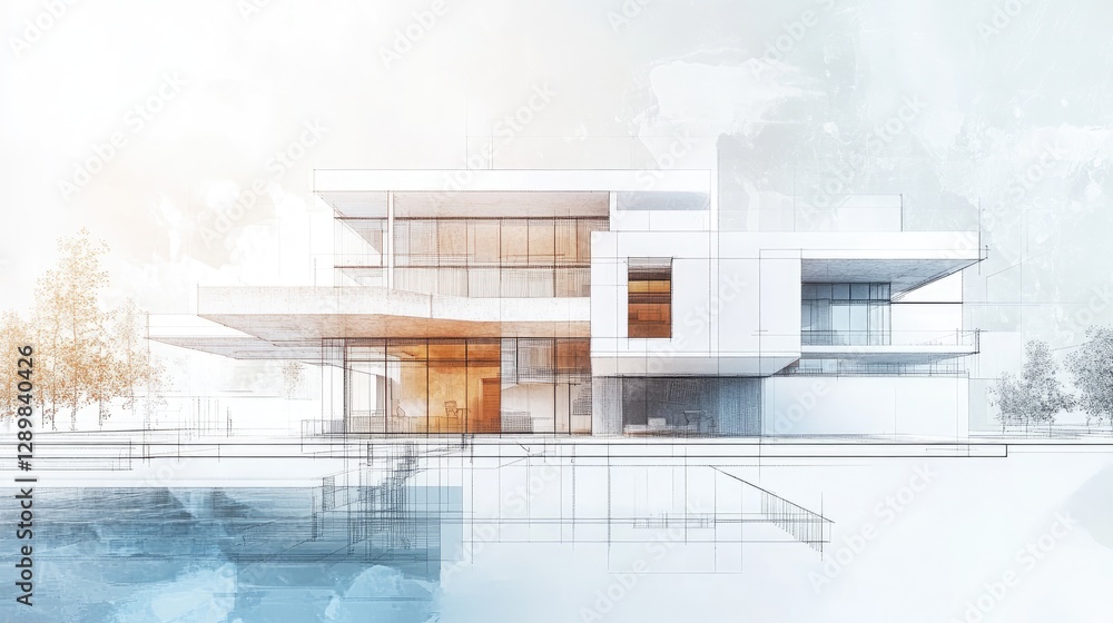 Poster a graphic design mockup of an architectural blueprint, complete with overlay effects to enhance the 