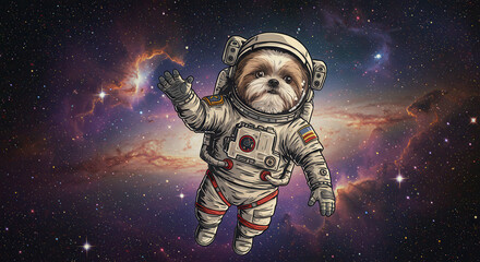 Fototapeta premium Astronaut Dog Floating in Colorful Space Cartoon Illustration