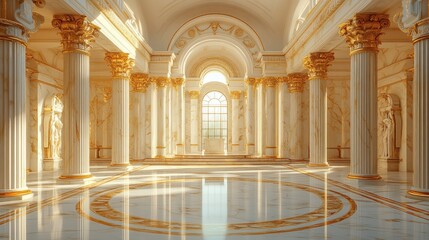 Obraz premium Luxury Marble Podium for Product Showcase with Greek Columns and Golden Banner 3D Rendering
