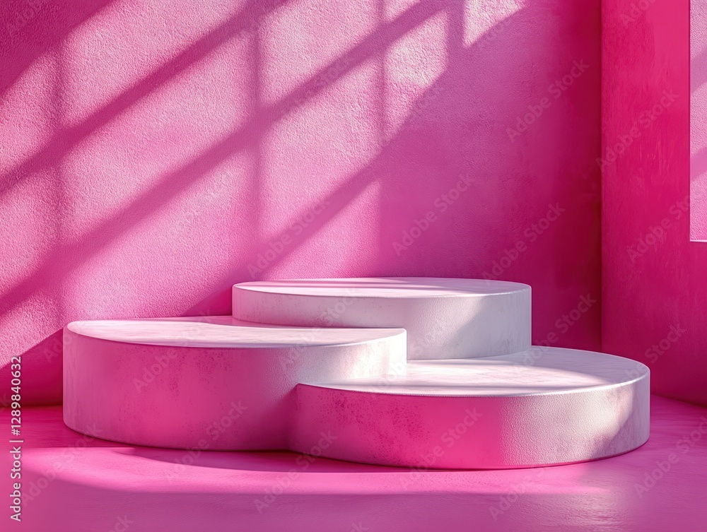 Poster white round pedestals on pink background with soft lighting for minimalist 3d render display