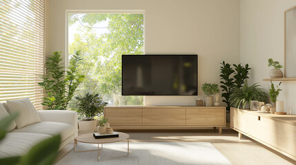 Serene Living Space: Modern interior of a bright living room features large windows framing a lush green outdoor view, plants, couch, Tv , creating a harmonious and relaxing atmosphere.