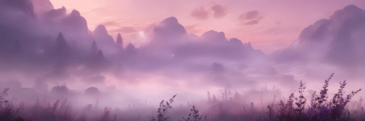Soft pink and purple hue mist, gentle wisps of fog, ethereal glow,  fog,  atmosphere