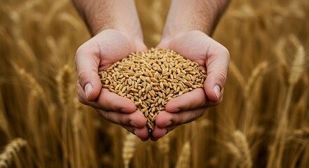 Golden wheat grains in hands - symbol of harvest - suitable for agriculture media