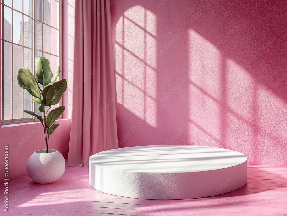 Poster minimalistic round white podium on soft pink background with diffused natural light in scandinavian 