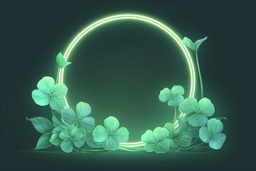 Glowing neon green circle with floral decorations on dark background. Mystical digital art concept. Futuristic floral frame design for social media, branding, or event promotion