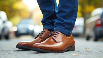 close up of unique footwear paired with casual attire, showcasing stylish brown shoes on city street